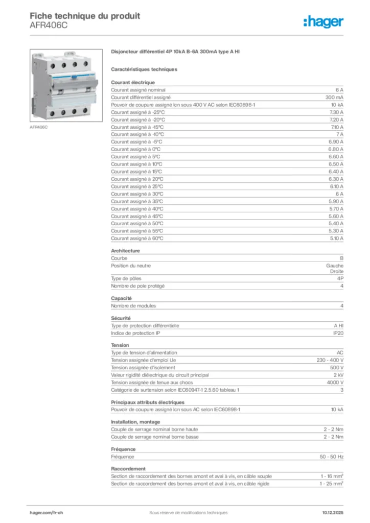 Image Hager Fiche technique du produit AFR406C | Hager Suisse