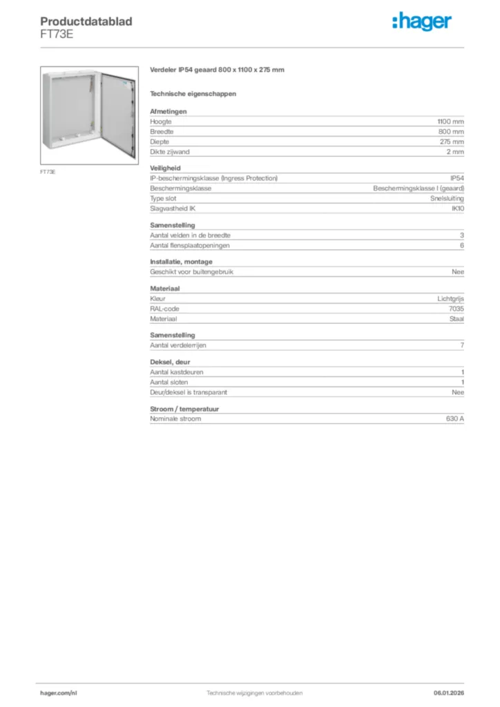 Afbeelding Hager Productdatablad FT73E | Hager Nederland