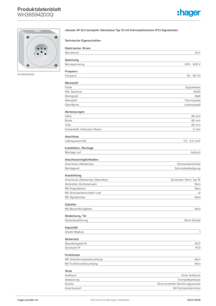 Bild Hager Produktdatenblatt WH36594200Q | Hager Schweiz