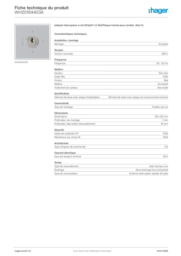 Image Hager Fiche technique du produit WH20184403A | Hager Suisse