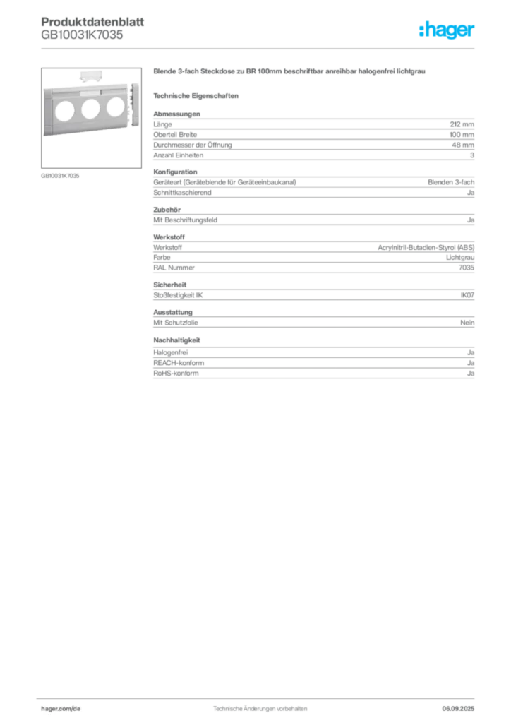 Bild Hager Produktdatenblatt GB10031K7035 | Hager Deutschland