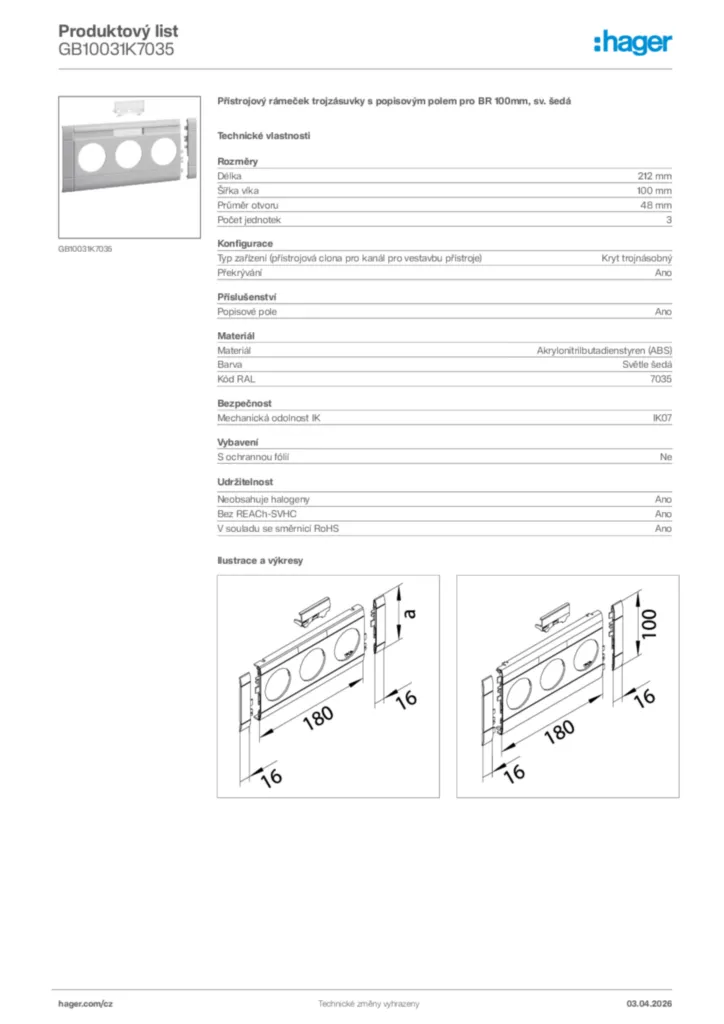 Obrázek Hager Product data sheet GB10031K7035 | Hager