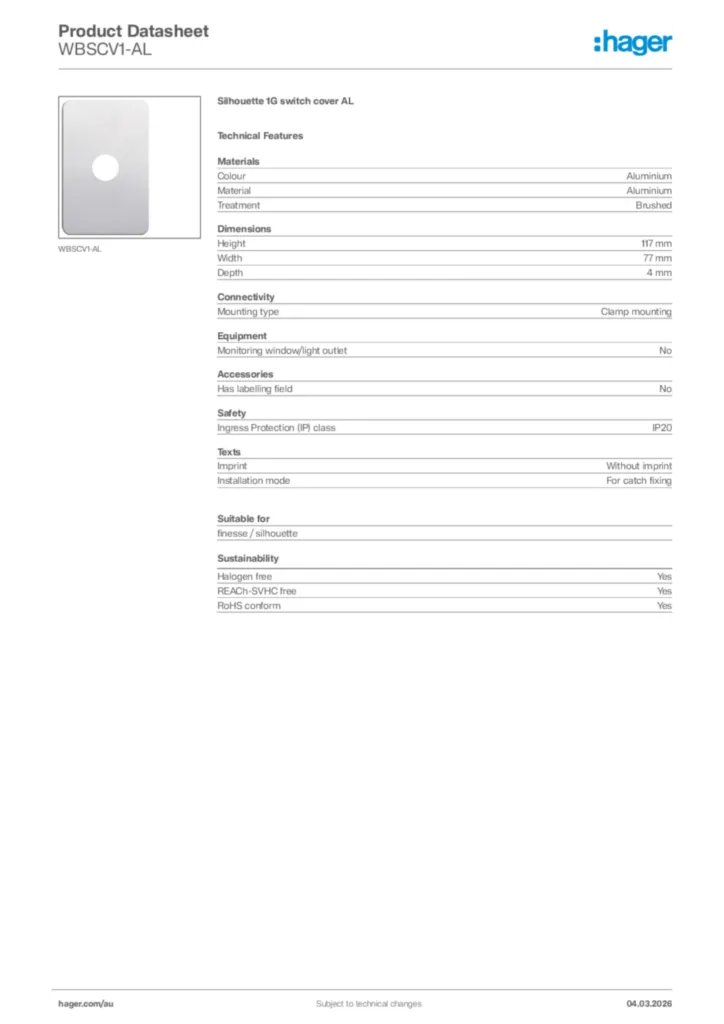 Image Hager Product data sheet WBSCV1-AL  | Hager Australia
