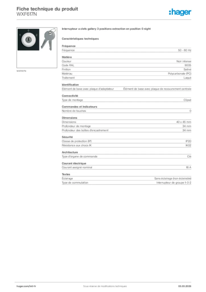 Image Hager Fiche technique du produit WXF617N | Hager Afrique