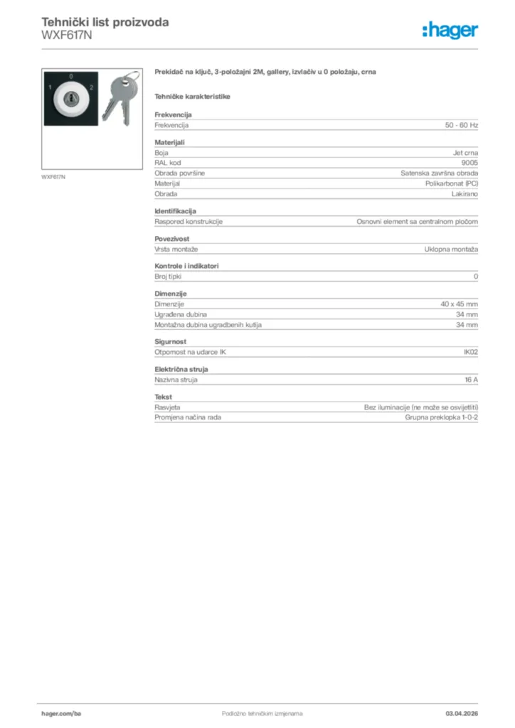 Slika Hager Tehnički list proizvoda WXF617N  | Hager