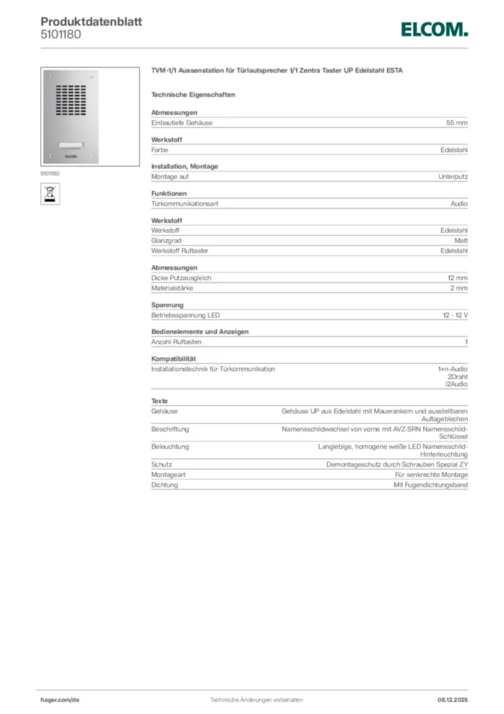 Bild Elcom Produktdatenblatt 5101180 | Hager Deutschland