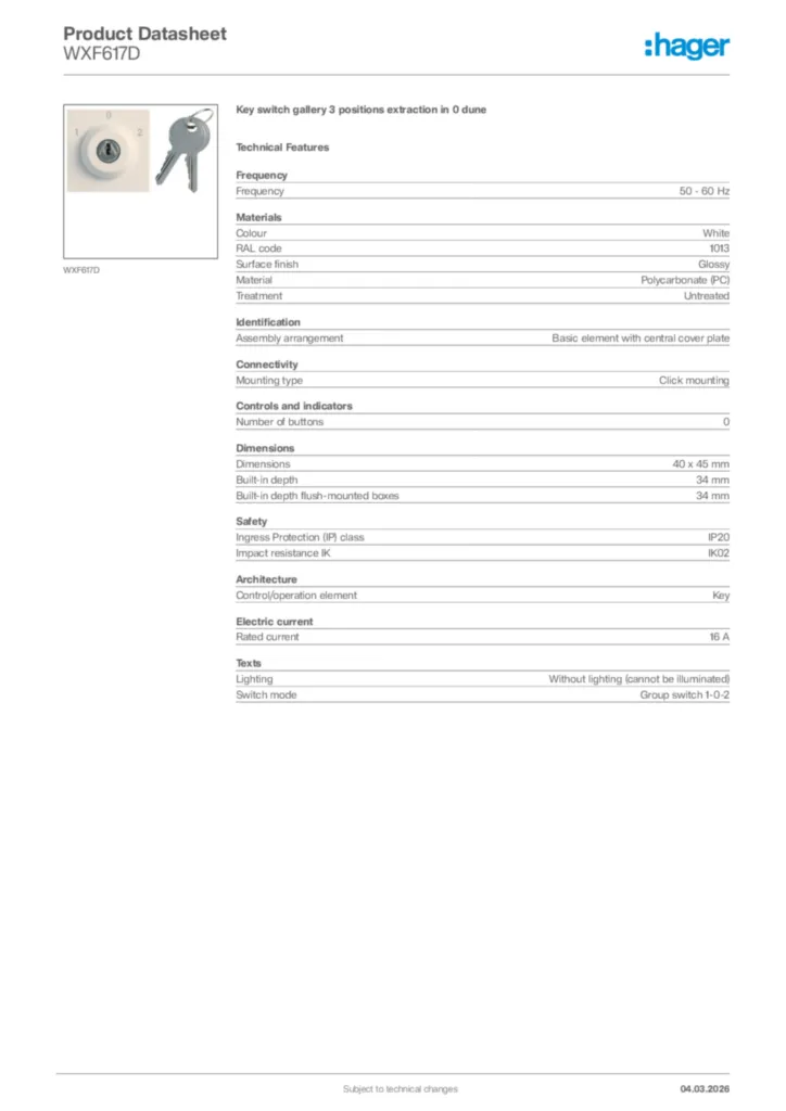 Image Hager Product data sheet WXF617D  | Hager Africa