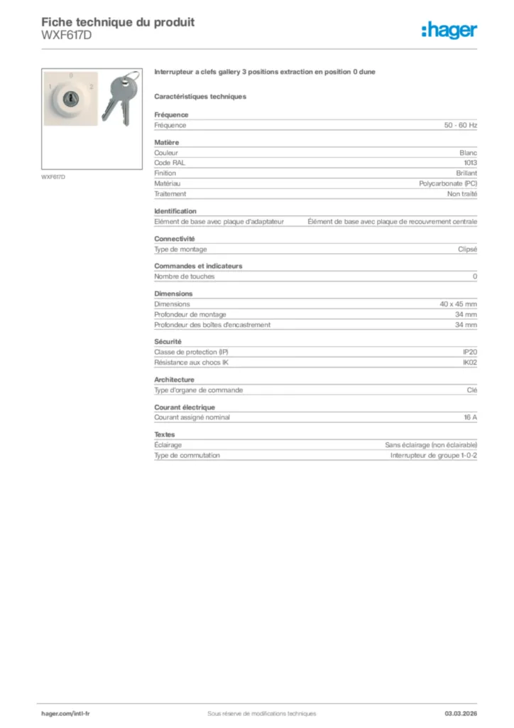 Image Hager Fiche technique du produit WXF617D | Hager Afrique