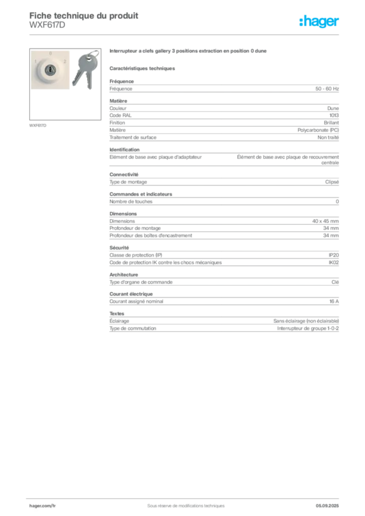 Image Hager Fiche technique du produit WXF617D | Hager France