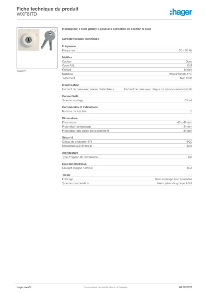 Image Hager Fiche technique du produit WXF617D | Hager France