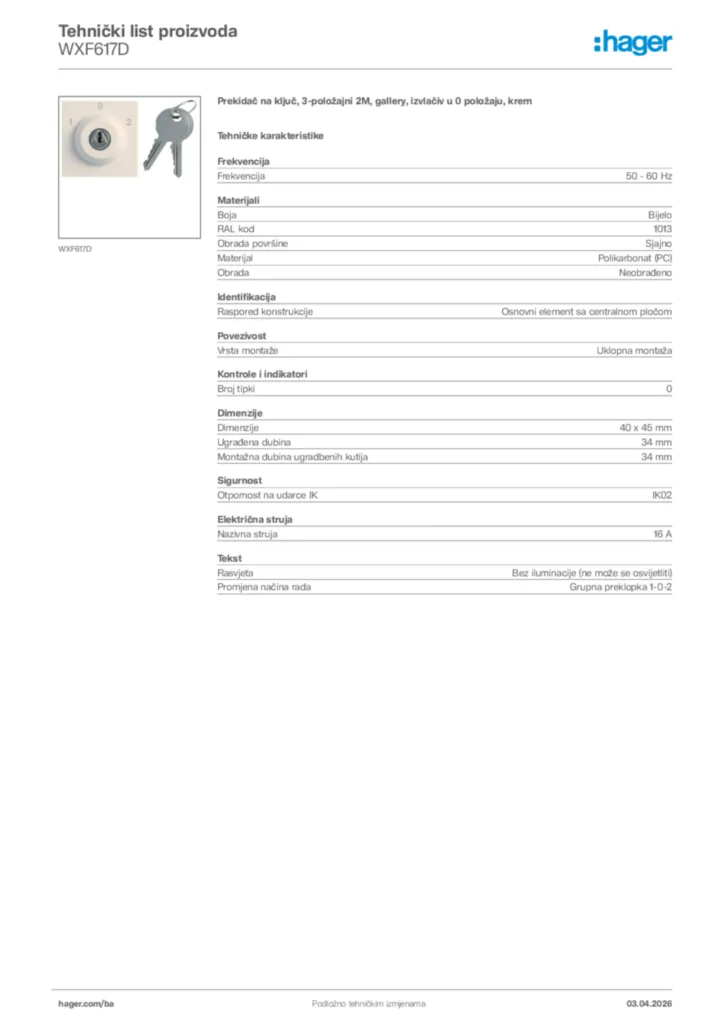 Slika Hager Tehnički list proizvoda WXF617D  | Hager
