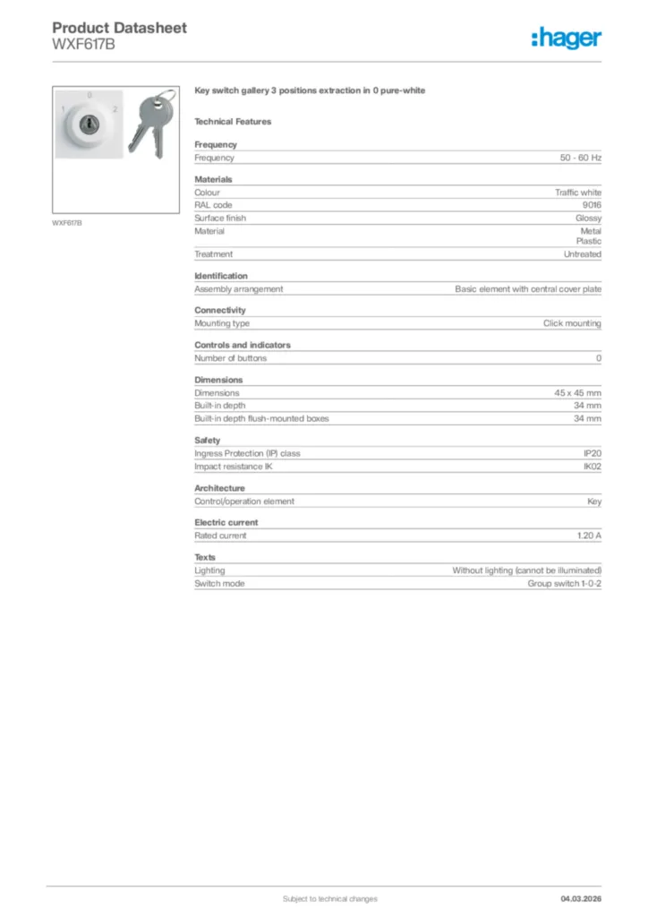 Image Hager Product data sheet WXF617B  | Hager Africa