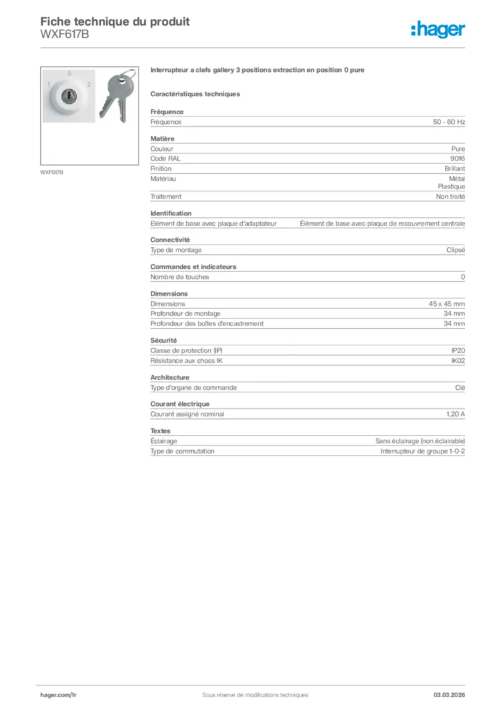 Image Hager Fiche technique du produit WXF617B | Hager France