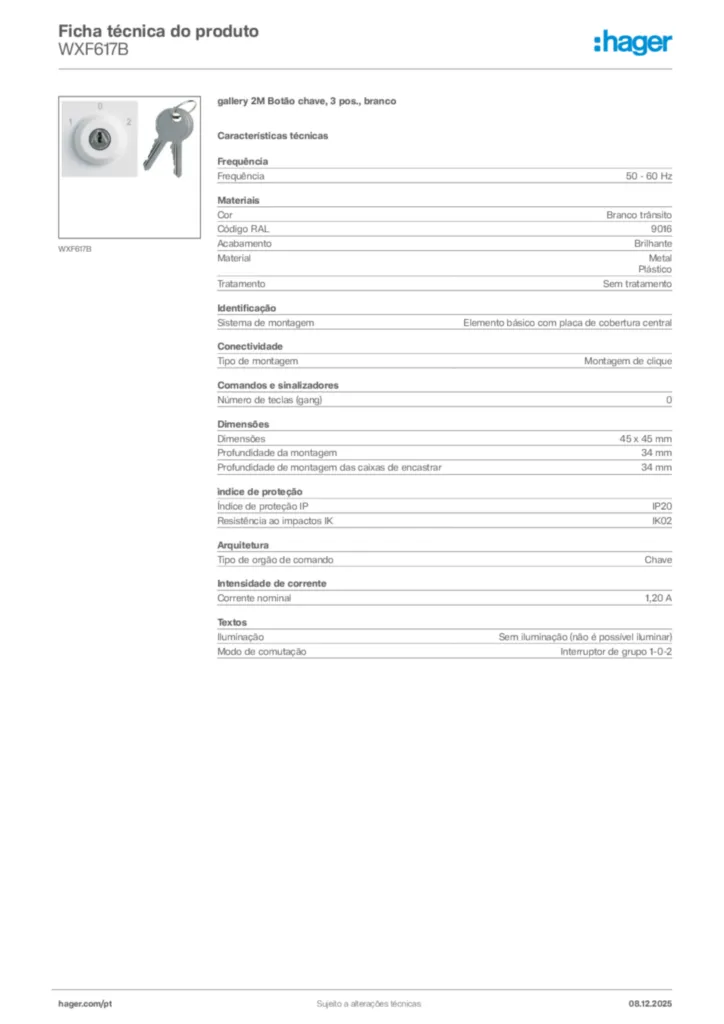 Imagem Hager Ficha técnica do produto WXF617B | Hager Portugal