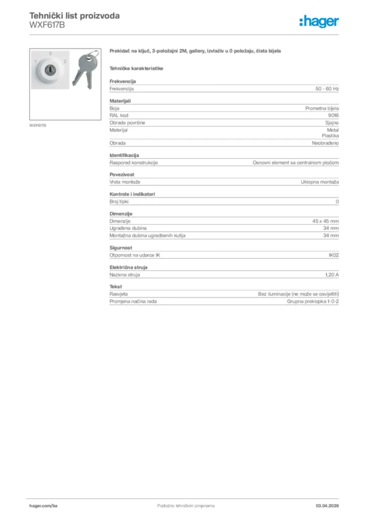 Slika Hager Tehnički list proizvoda WXF617B  | Hager