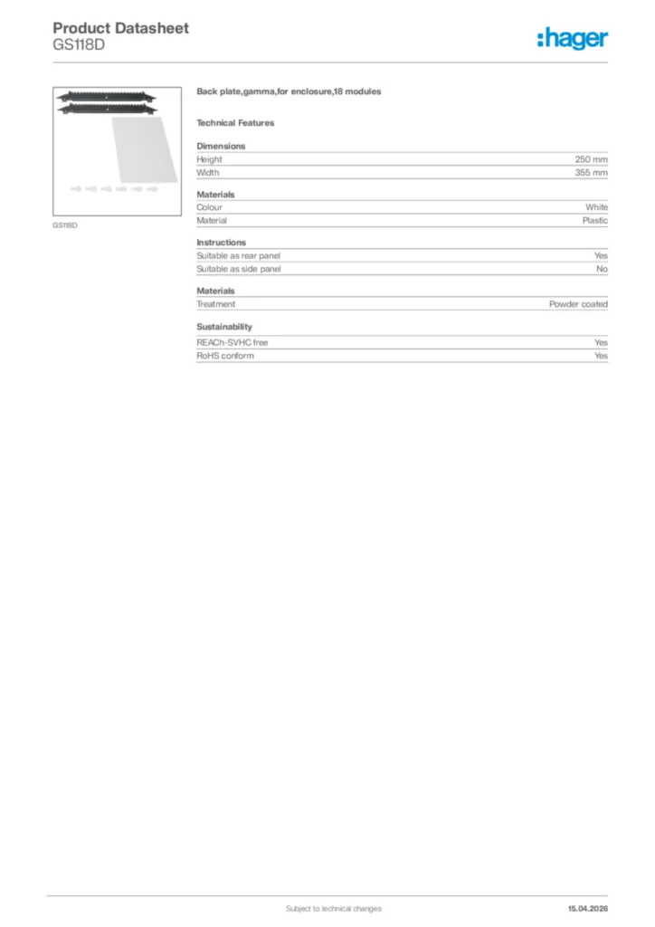 Image Hager Product data sheet GS118D  | Hager Africa