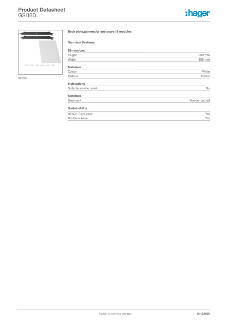 Image Hager Product data sheet GS118D  | Hager Africa