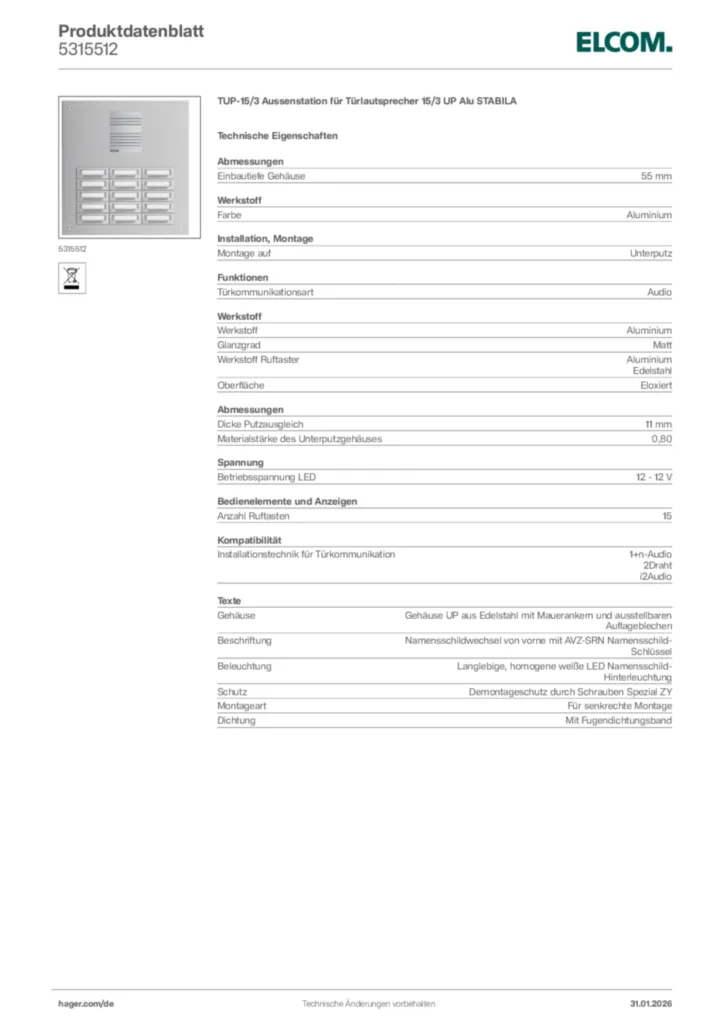 Bild Elcom Produktdatenblatt 5315512 | Hager Deutschland