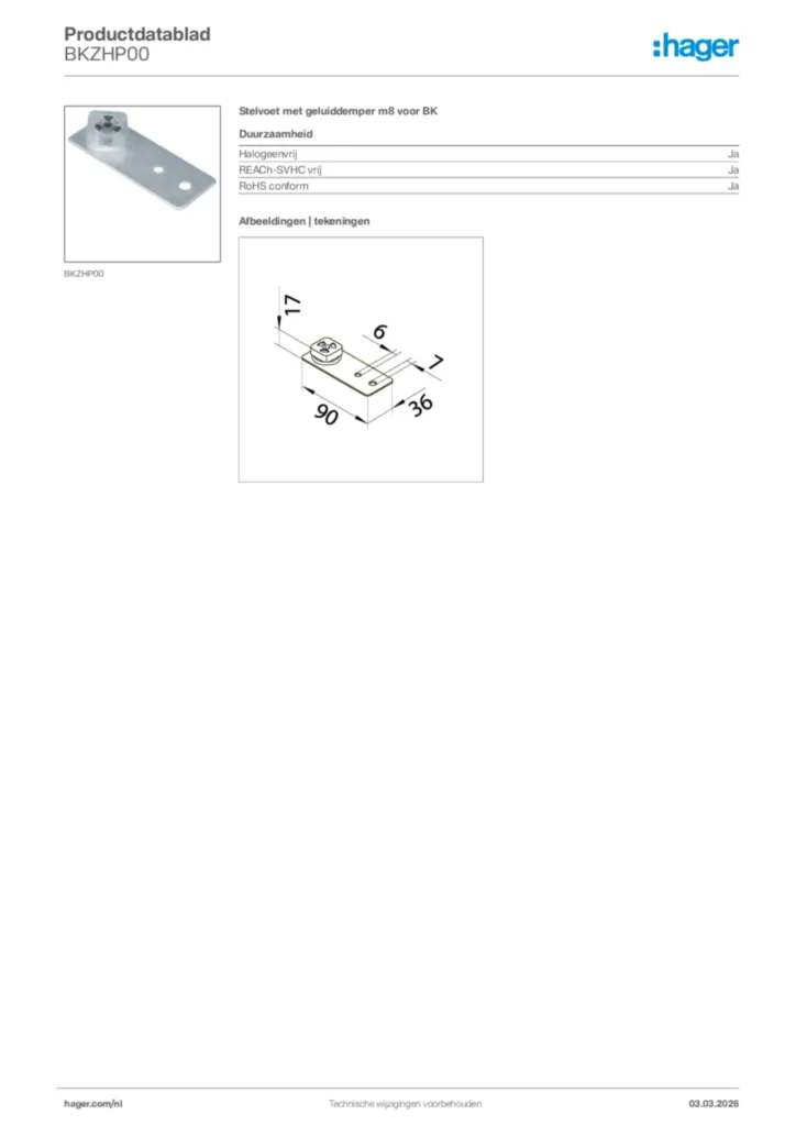 Afbeelding Hager Productdatablad BKZHP00 | Hager Nederland
