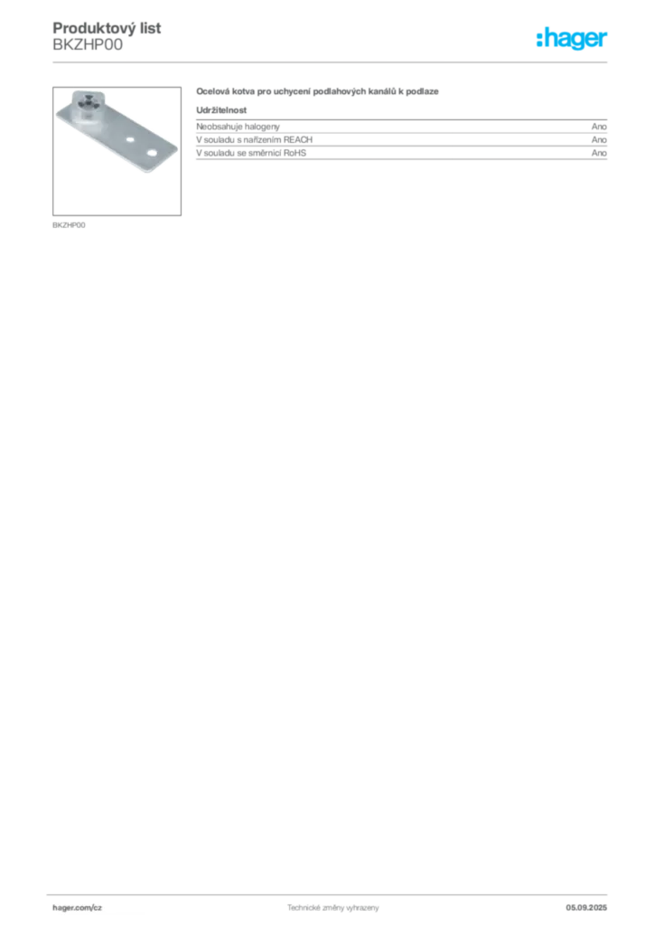 Obrázek Hager Produktový list BKZHP00 | Hager