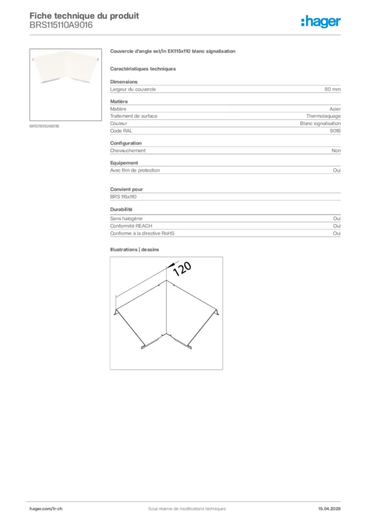 Image Hager Fiche technique du produit BRS115110A9016 | Hager Suisse
