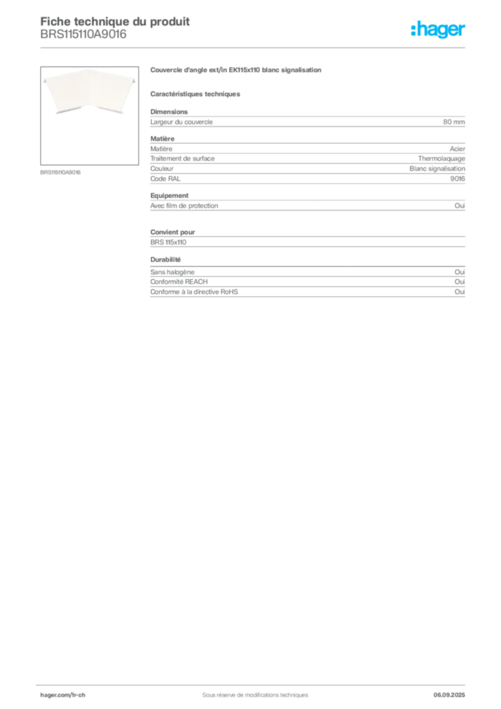 Image Hager Fiche technique du produit BRS115110A9016 | Hager Suisse