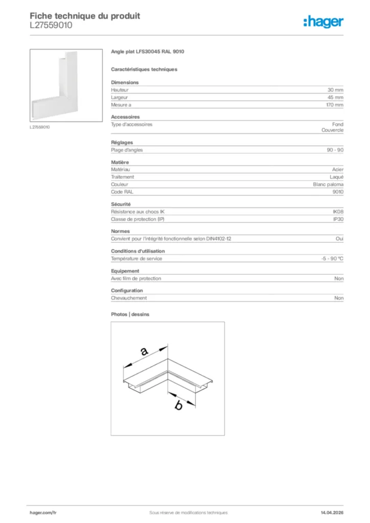 Image Hager Fiche technique du produit L27559010 | Hager France