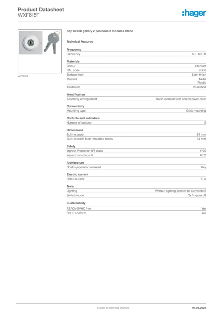 Image Hager Product data sheet WXF615T  | Hager Africa