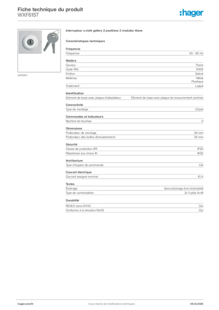 Image Hager Fiche technique du produit WXF615T | Hager France