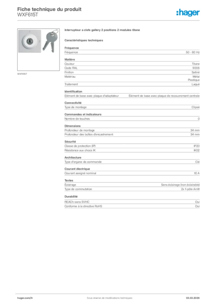 Image Hager Fiche technique du produit WXF615T | Hager France