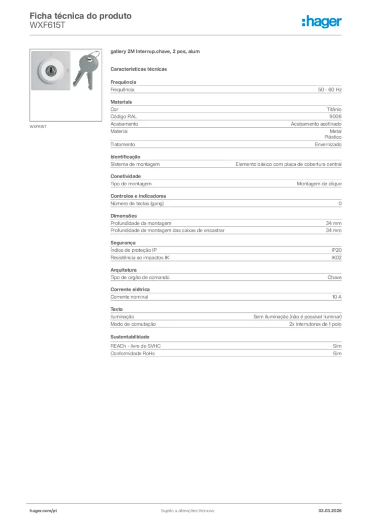 Imagem Hager Ficha técnica do produto WXF615T | Hager Portugal