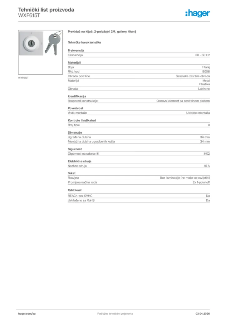 Slika Hager Tehnički list proizvoda WXF615T  | Hager