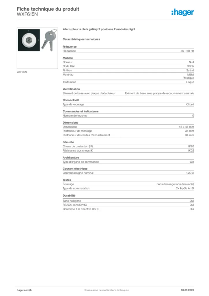 Image Hager Fiche technique du produit WXF615N | Hager France