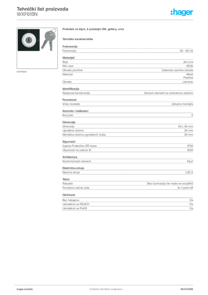 Slika Hager Product data sheet WXF615N  | Hager