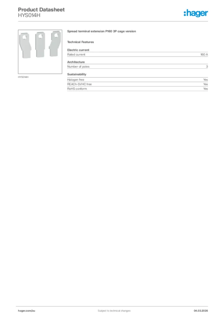 Image Hager Product data sheet HYS014H  | Hager Australia