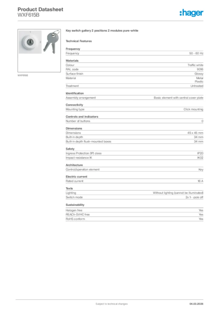 Image Hager Product data sheet WXF615B  | Hager Africa
