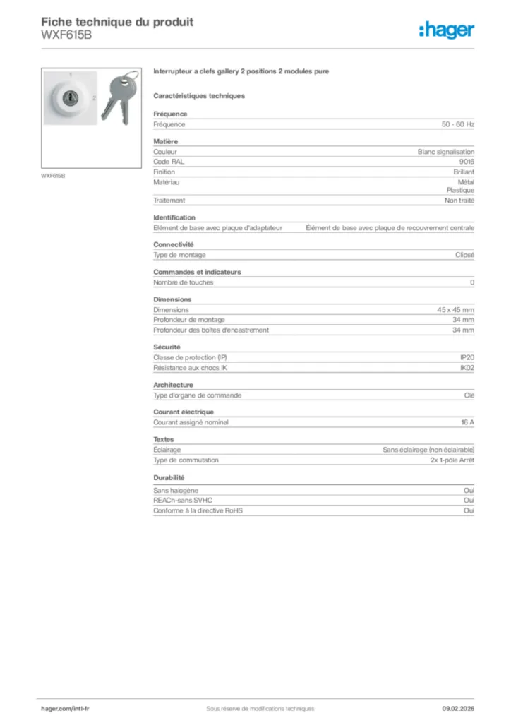 Image Hager Fiche technique du produit WXF615B | Hager Afrique