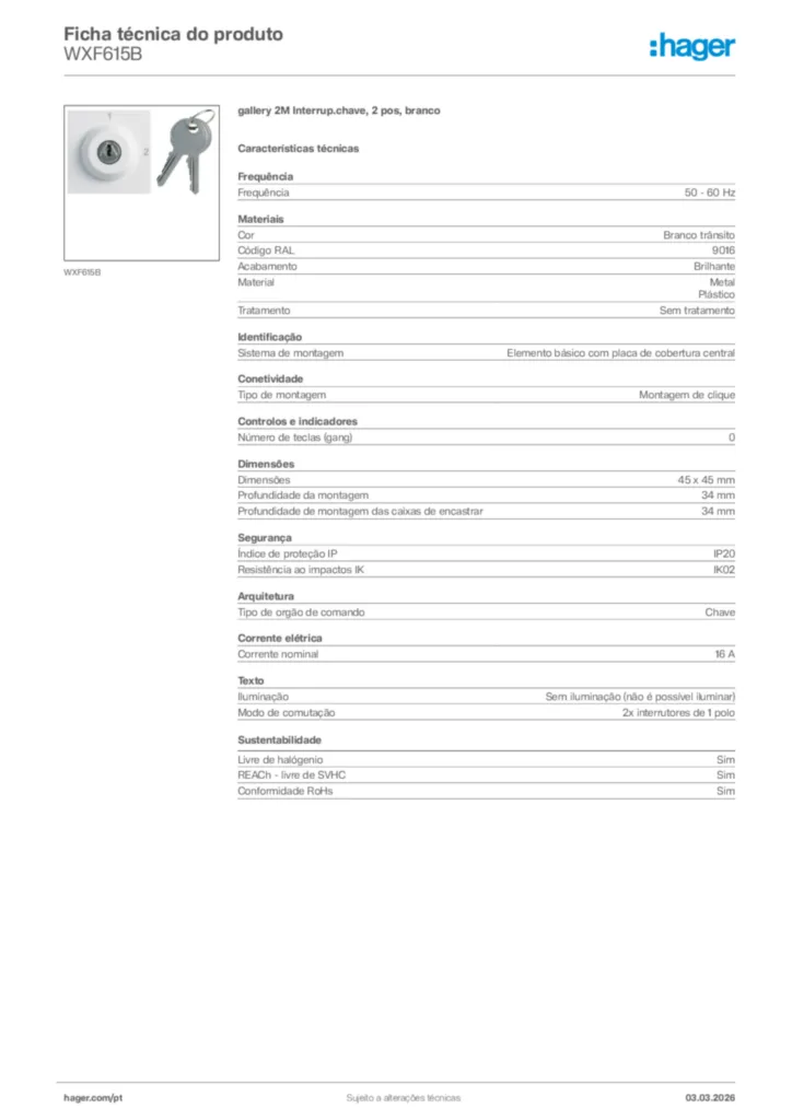 Imagem Hager Ficha técnica do produto WXF615B | Hager Portugal