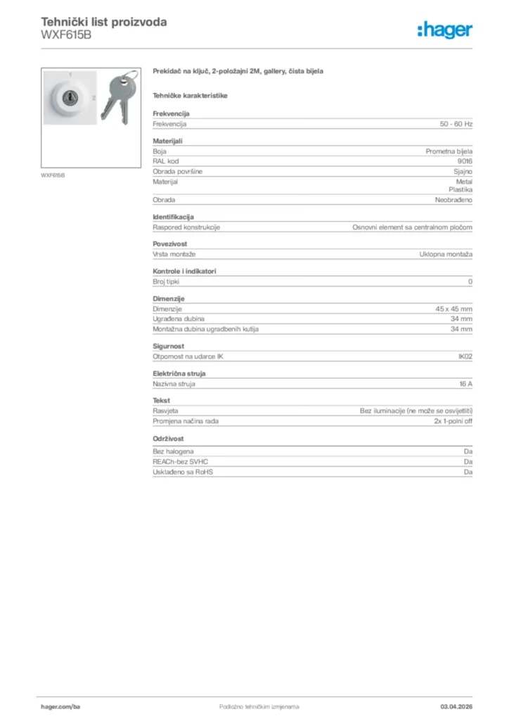 Slika Hager Tehnički list proizvoda WXF615B  | Hager