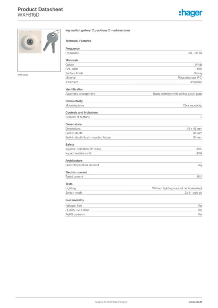 Image Hager Product data sheet WXF615D  | Hager Africa