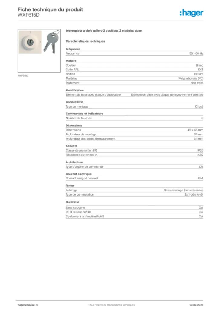 Image Hager Fiche technique du produit WXF615D | Hager Afrique