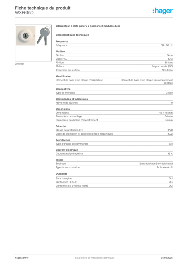 Image Hager Fiche technique du produit WXF615D | Hager France