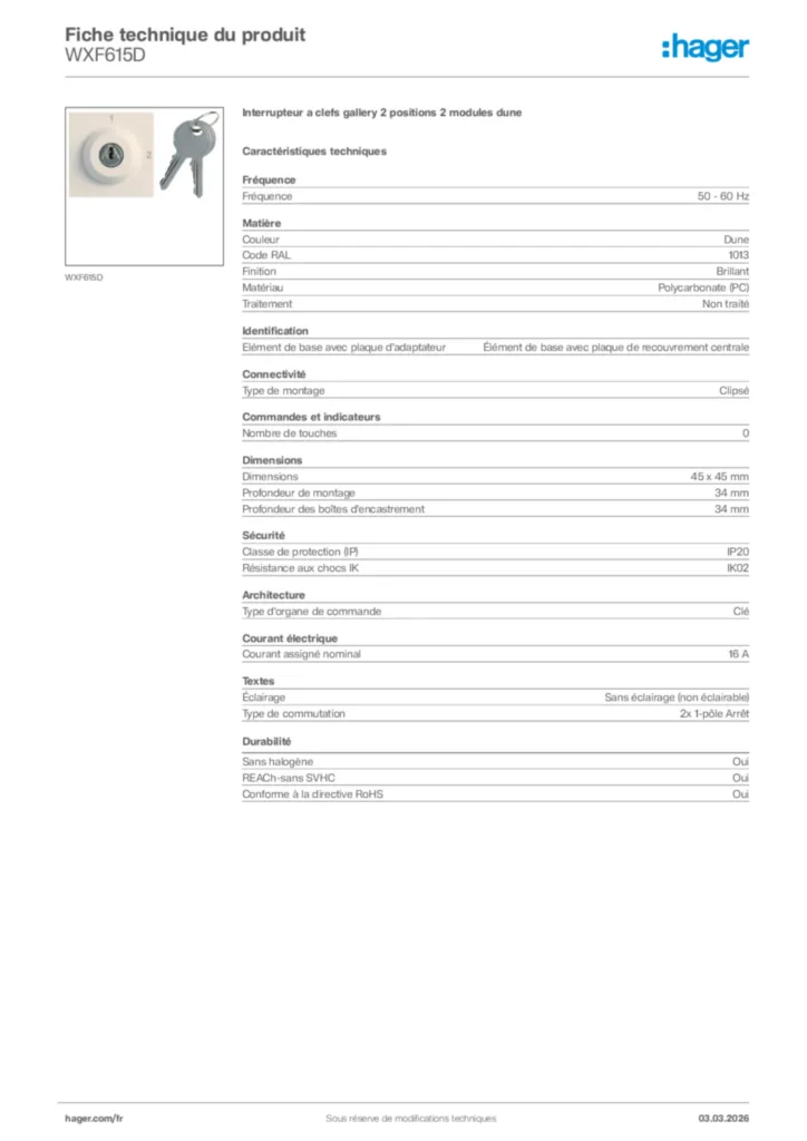 Image Hager Fiche technique du produit WXF615D | Hager France