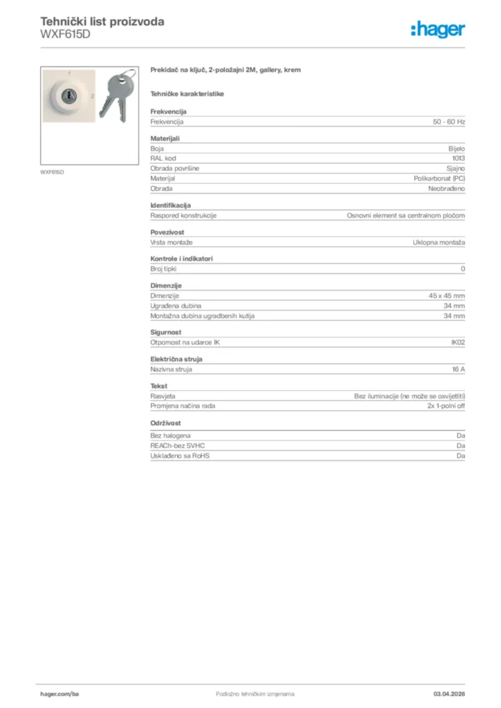 Slika Hager Tehnički list proizvoda WXF615D  | Hager