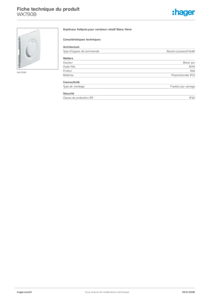 Image Hager Fiche technique du produit WK790B | Hager France
