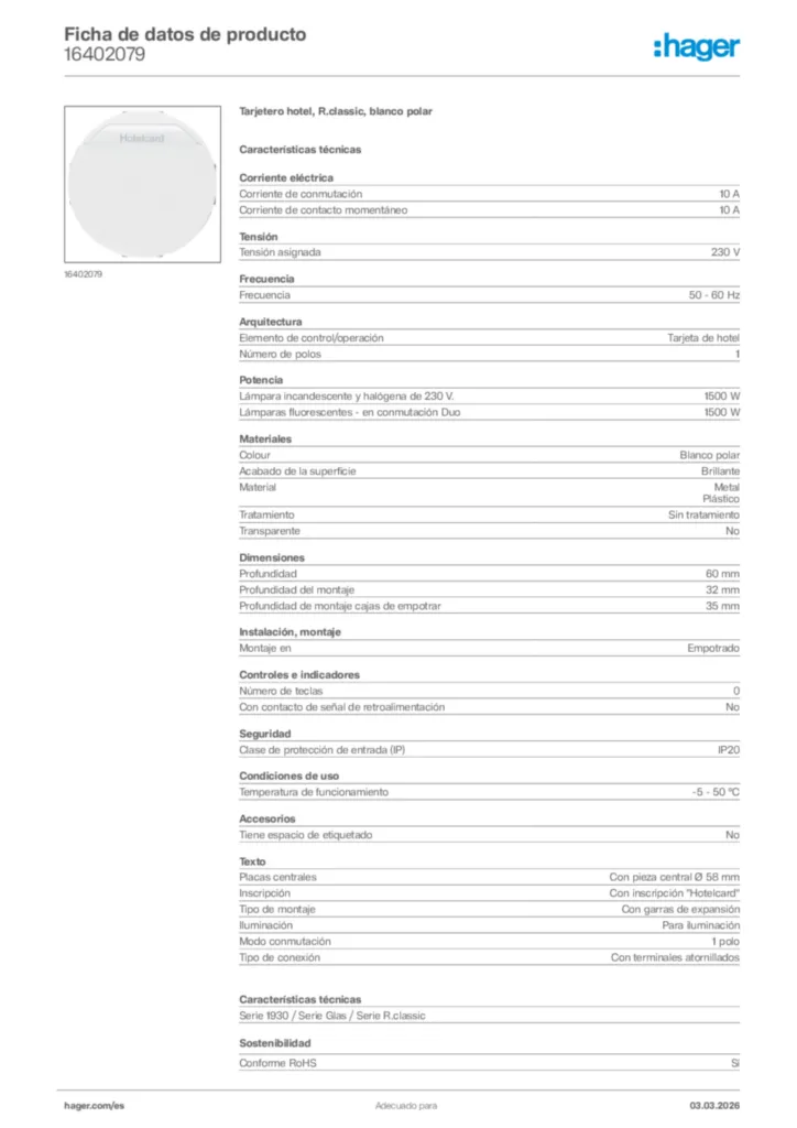 Imagen Hager Ficha de datos de producto 16402079 | Hager España