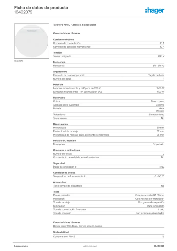 Imagen Hager Ficha de datos de producto 16402079 | Hager España