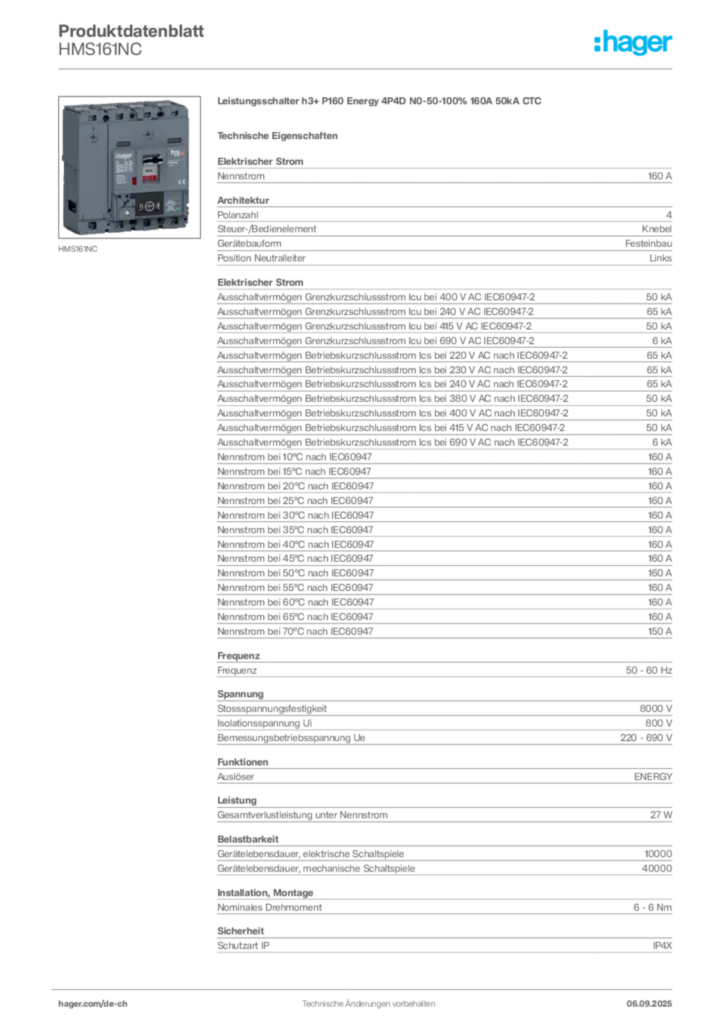 Bild Hager Produktdatenblatt HMS161NC | Hager Schweiz