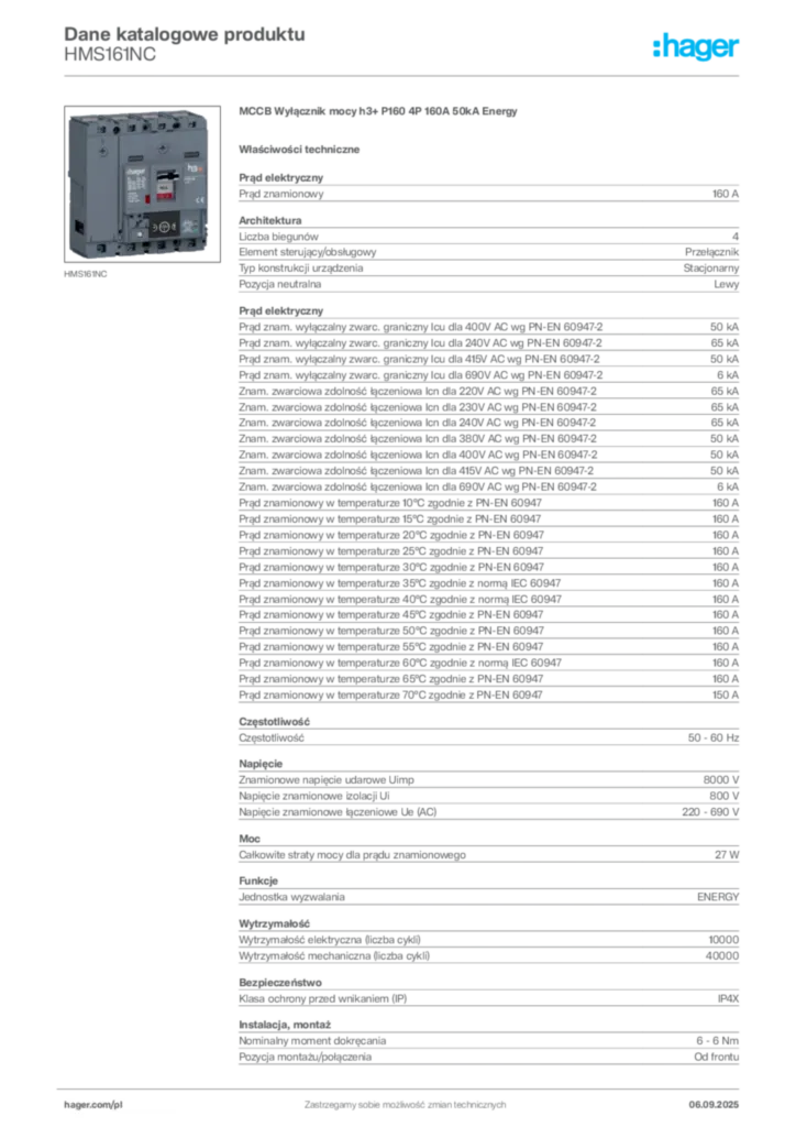 Zdjęcie Hager Dane katalogowe produktu HMS161NC | Hager Polska