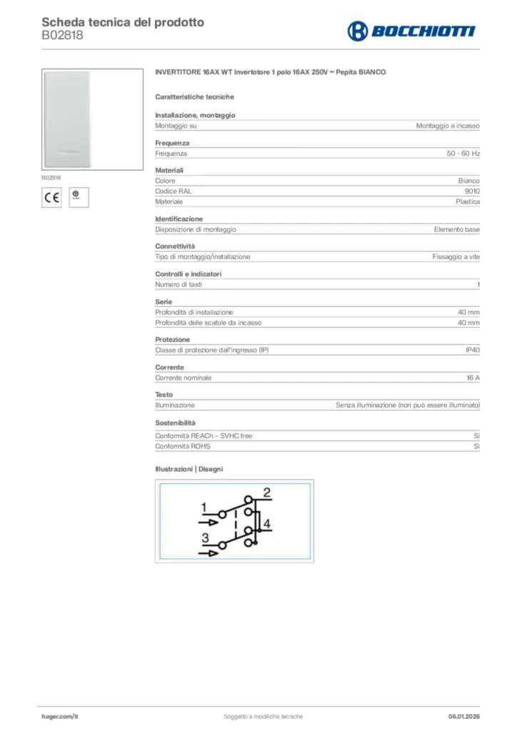 Immagine Bocchiotti Scheda tecnica del prodotto B02818 | Hager Italia